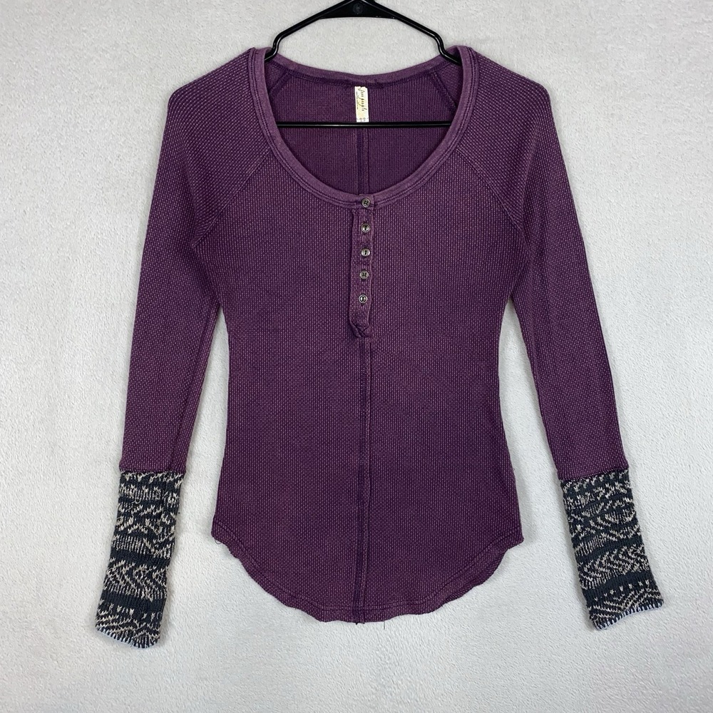 Free People Ski Lodge Thermal Henley Shirt Women's S Purple Sweater Cuff Y2K